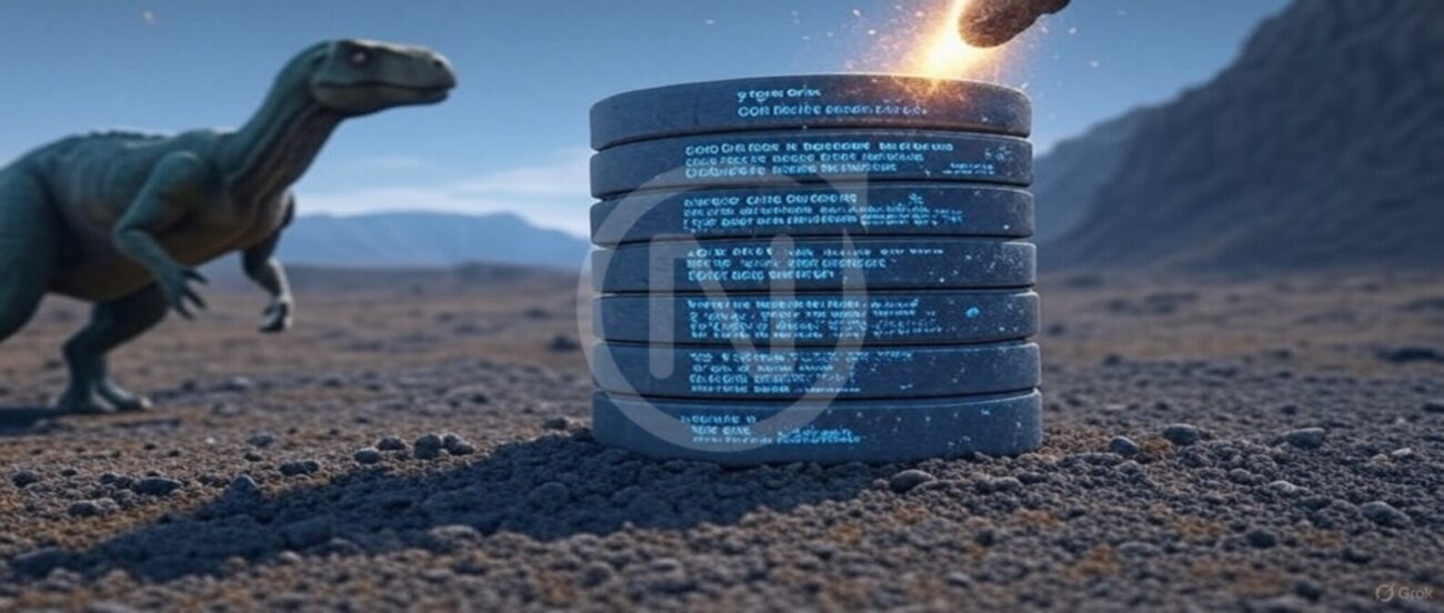 Ilustración que compara la estabilidad de las transacciones ACID en MySQL con el impacto de un meteorito que causa la extinción masiva, destacando cómo la atomicidad, consistencia, aislamiento y durabilidad protegen la integridad de los datos