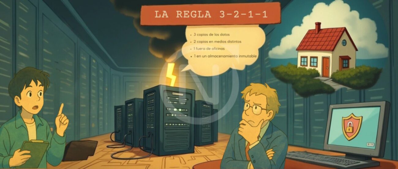 Ilustración que muestra cómo un apagón de datos en DataYork resalta la importancia de la Regla 3-2-1-1 en la estrategia de copias de seguridad: 3 copias de los datos, 2 tipos de almacenamiento diferentes, 1 copia fuera de las instalaciones y 1 copia inmutable