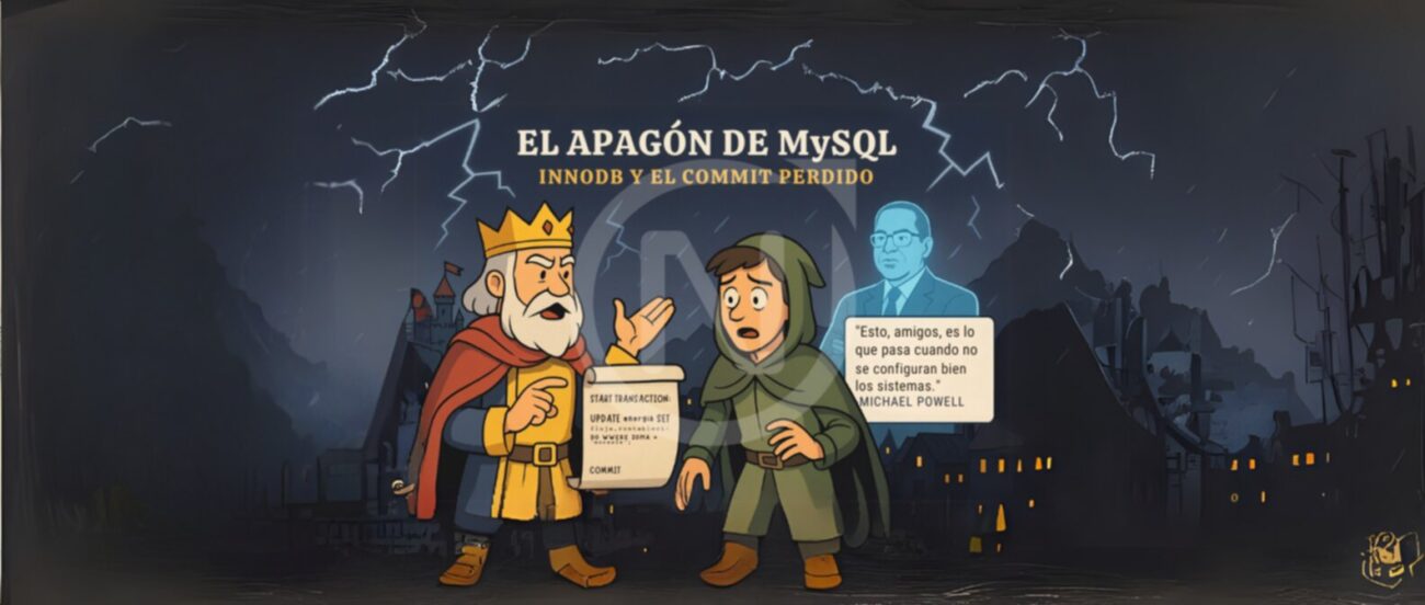 Ilustración que representa un apagón en un servidor MySQL con InnoDB, simbolizando la pérdida de un commit debido a una falla inesperada y destacando la importancia de las configuraciones adecuadas para la recuperación de transacciones