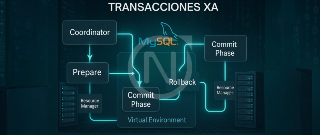 Diagrama que ilustra el flujo de control de transacciones XA en MySQL, destacando el uso del protocolo de compromiso en dos fases (2PC) para garantizar la atomicidad y consistencia en entornos distribuidos