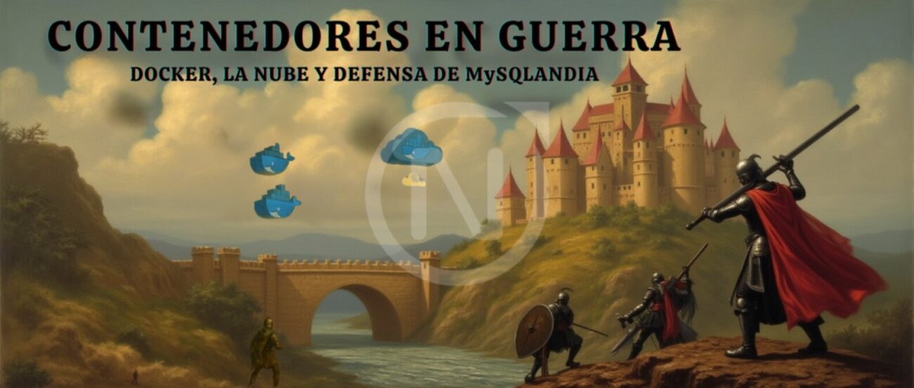 Ilustración que representa la protección de bases de datos MySQL mediante contenedores Docker en entornos de nube, destacando estrategias de seguridad y defensa contra amenazas cibernéticas