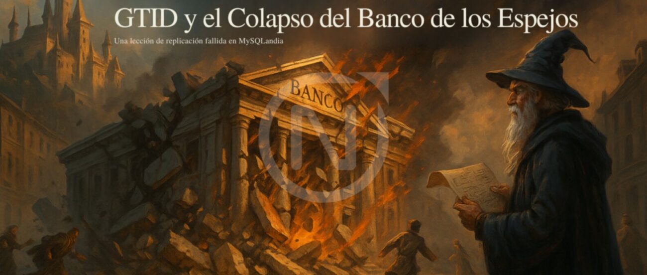 Ilustración que compara la replicación con GTID en MySQL con la caída del Banco de los Espejos, destacando cómo los identificadores globales de transacciones garantizan la integridad y consistencia de los datos en sistemas distribuidos