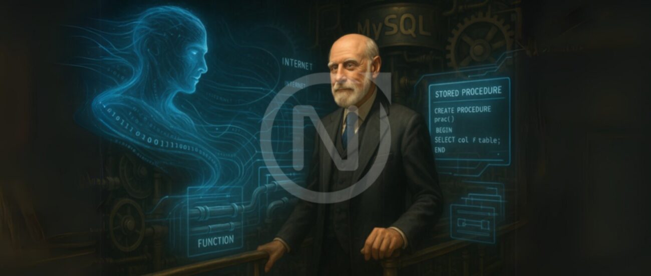 Ilustración que representa a Vint Cerf explorando un servidor MySQL, destacando la importancia de las stored procedures y functions en la automatización y eficiencia de las bases de datos