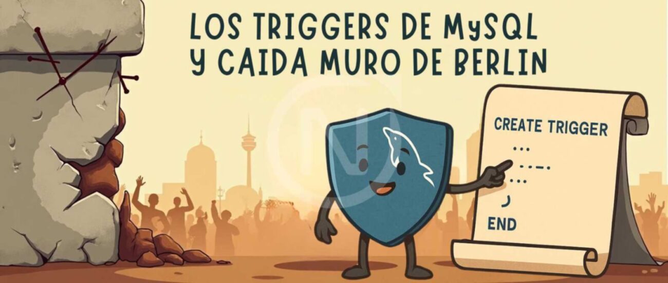 Ilustración que compara los triggers de MySQL con la caída del Muro de Berlín, destacando cómo los triggers permiten realizar acciones automáticas y controlar los cambios en las bases de datos de manera eficiente